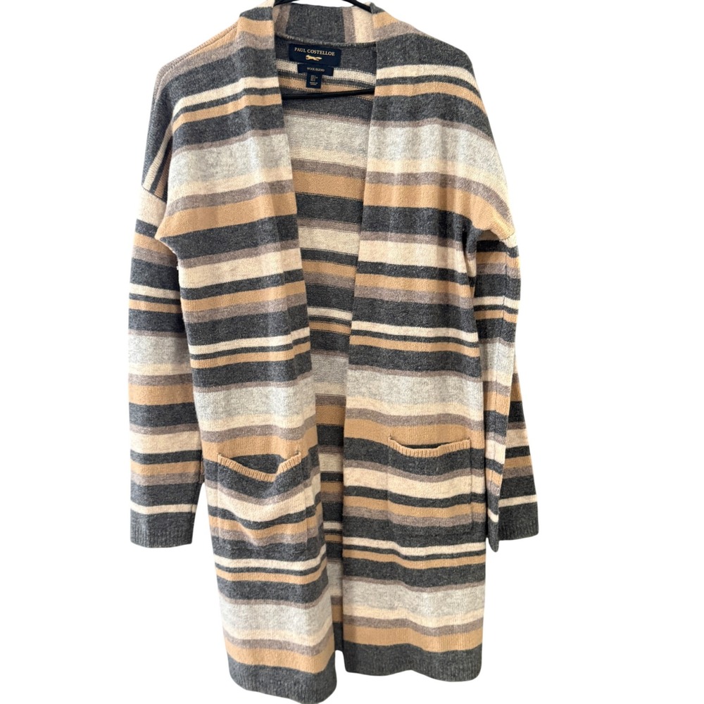 Paul Costelloe‎ L Striped Lambswool Blend Open Front Longline Cardigan Sweater